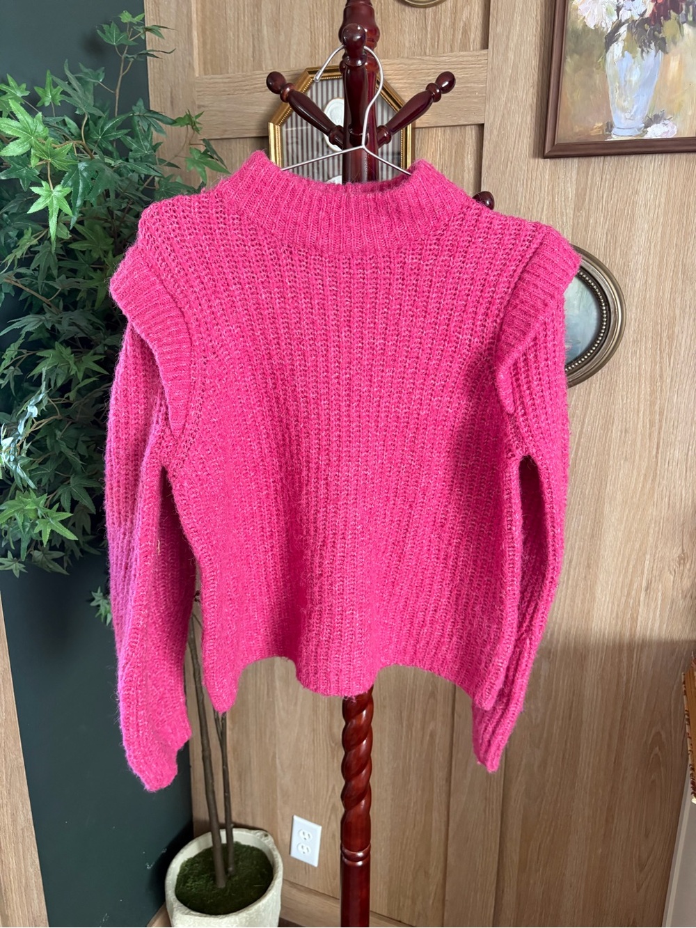 Vero Moda Hot Pink Turtleneck Cutout Shoulder Sweater
